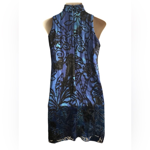 Alex Evenings Silk Blend Blue & Black Beaded Halter Mini Dress 8 - Picture 4 of 16